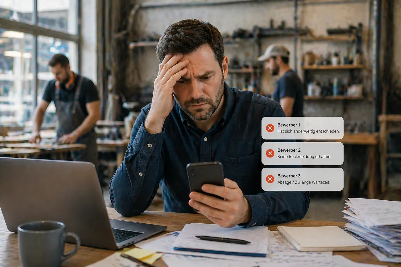 Gestresster Inhaber eines Handwerksbetriebs prüft Bewerberabsagen am Smartphone in der Werkstatt – Symbolbild für Recruiting-Fehler, langsame Bewerberkommunikation und Bewerberverlust im Handwerk
