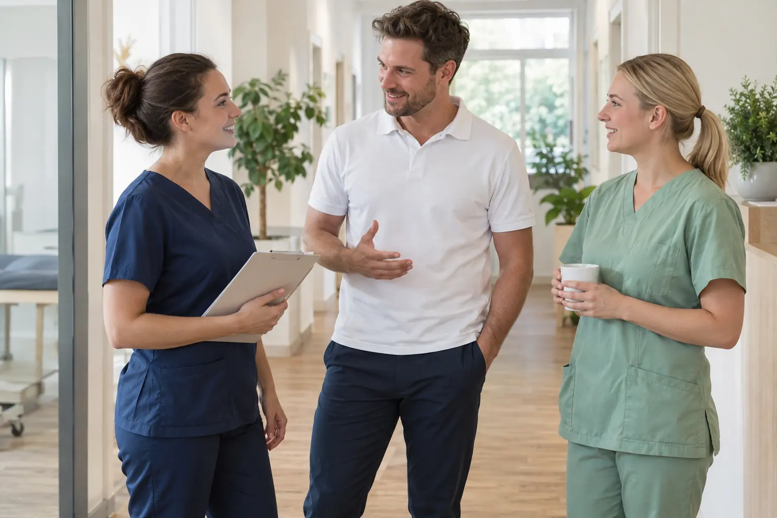 Pflegefachkraft, Physiotherapeut und Medizinische Fachangestellte im Gespräch auf dem Flur eines Gesundheitszentrums