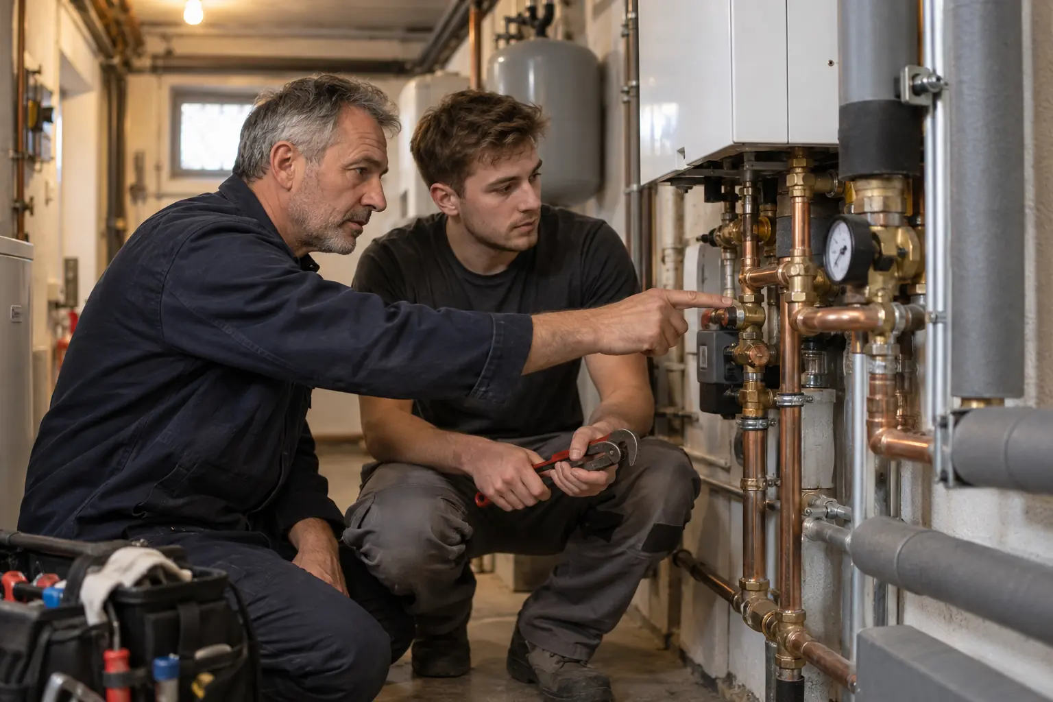 SHK-Meister zeigt einem neuen Gesellen im Heizungskeller eine Rohrverbindung an der Heizungsanlage