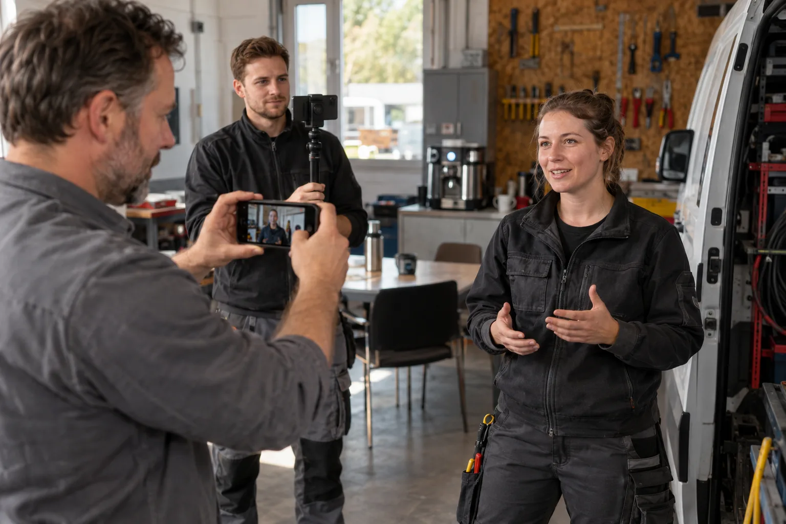 Recruiting-Kampagne: Meister filmt eine Elektronikerin mit dem Smartphone für die Anzeige