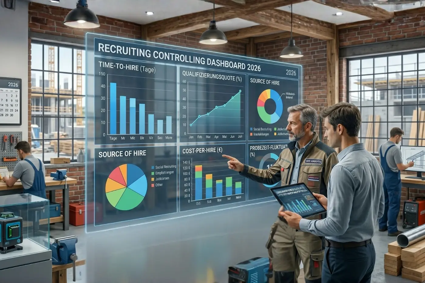 Recruiting-Dashboard für Handwerksbetrieb mit KPIs für 2026. Handwerksmeister und Recruiter analysieren Daten.