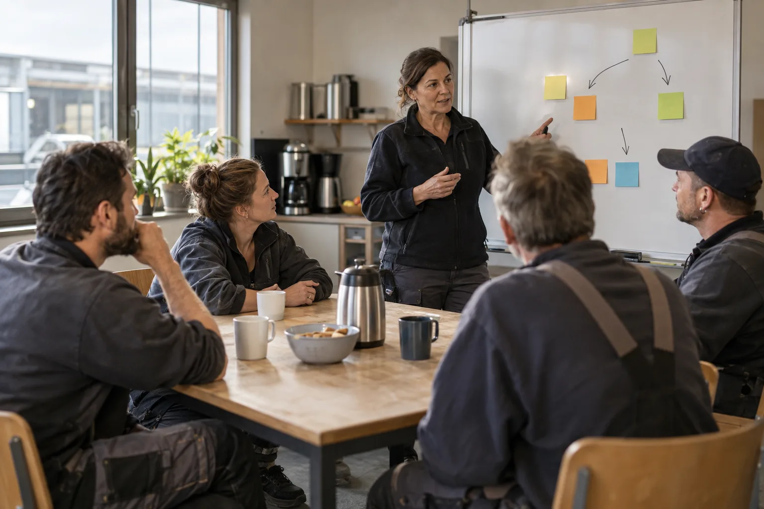 Recruiting-Maßnahmen: Inhaberin plant mit dem Team am Whiteboard, welche Maßnahmen der Betrieb zuerst umsetzt