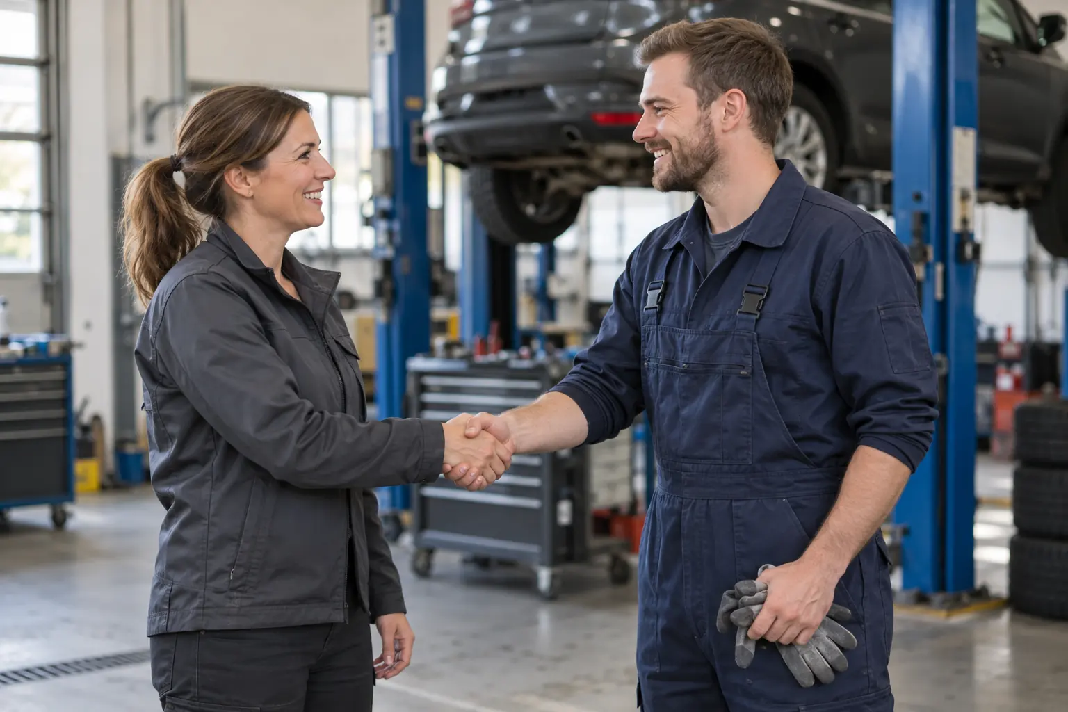 Werkstattinhaberin begrüßt einen neu eingestellten Mechaniker in Arbeitskleidung mit Handschlag in einer KFZ-Werkstatt