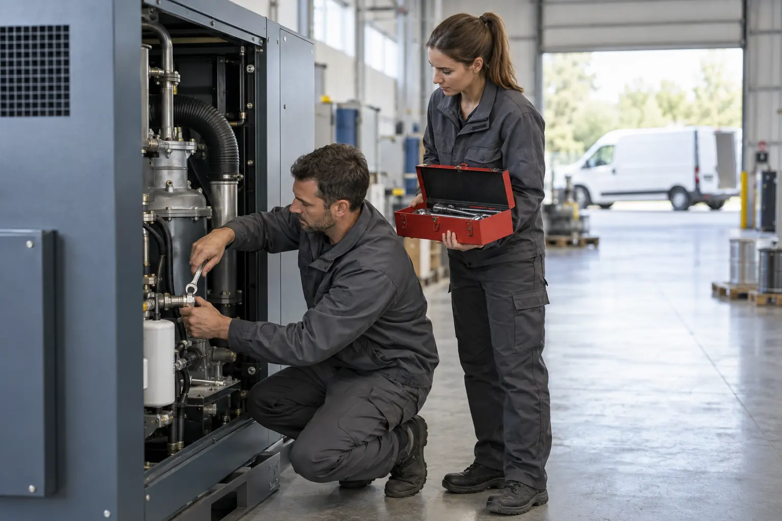 Servicetechniker wartet einen Industriekompressor in einer Werkhalle, Kollegin hält den geöffneten Werkzeugkoffer