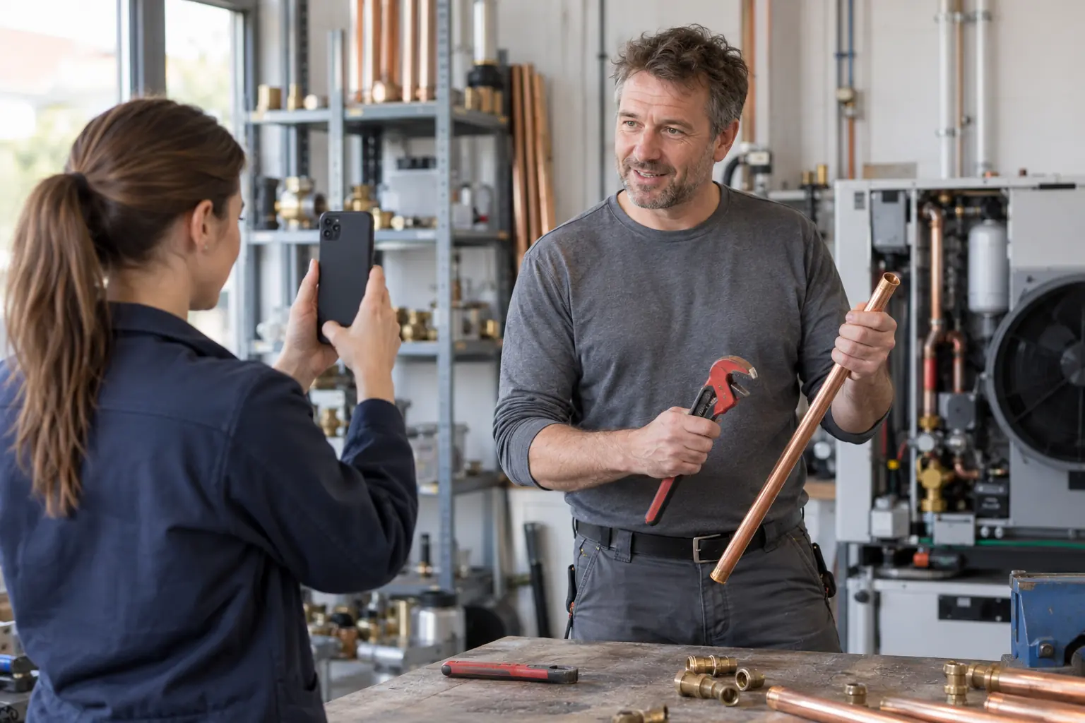 Anlagenmechanikerin filmt in der Werkstatt mit dem Handy einen Kollegen mit Kupferrohr und Rohrzange
