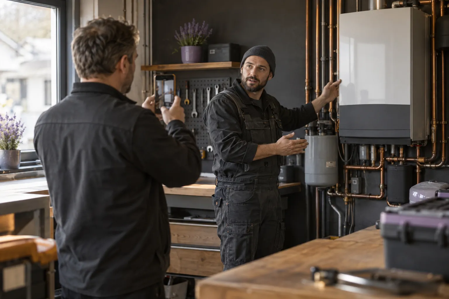 Social Recruiting in der Praxis: Chef filmt einen Anlagenmechaniker mit dem Smartphone für die Recruiting-Anzeige