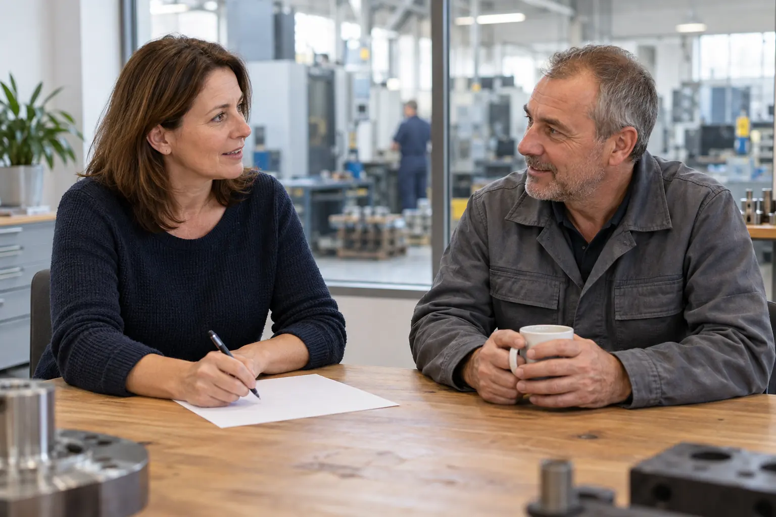 Geschäftsführerin und Meister planen an einem Holztisch vor der Werkhalle eine neue Stellenanzeige auf einem leeren Blatt