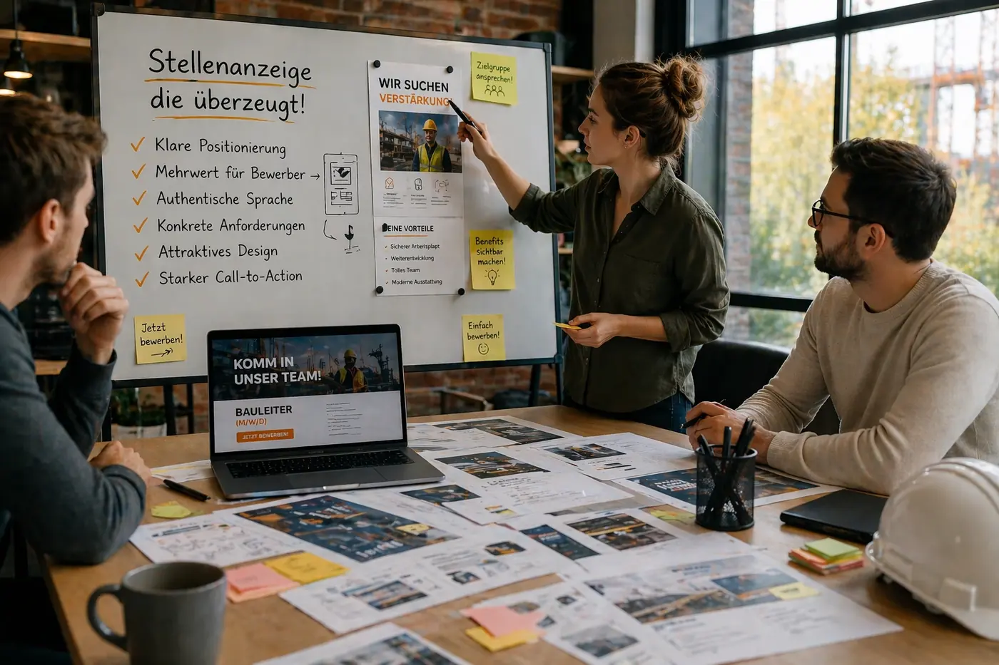 Recruiting-Team entwickelt eine moderne Stellenanzeige im Meeting – Symbolbild für erfolgreiches schreiben einer Stellenanzeige