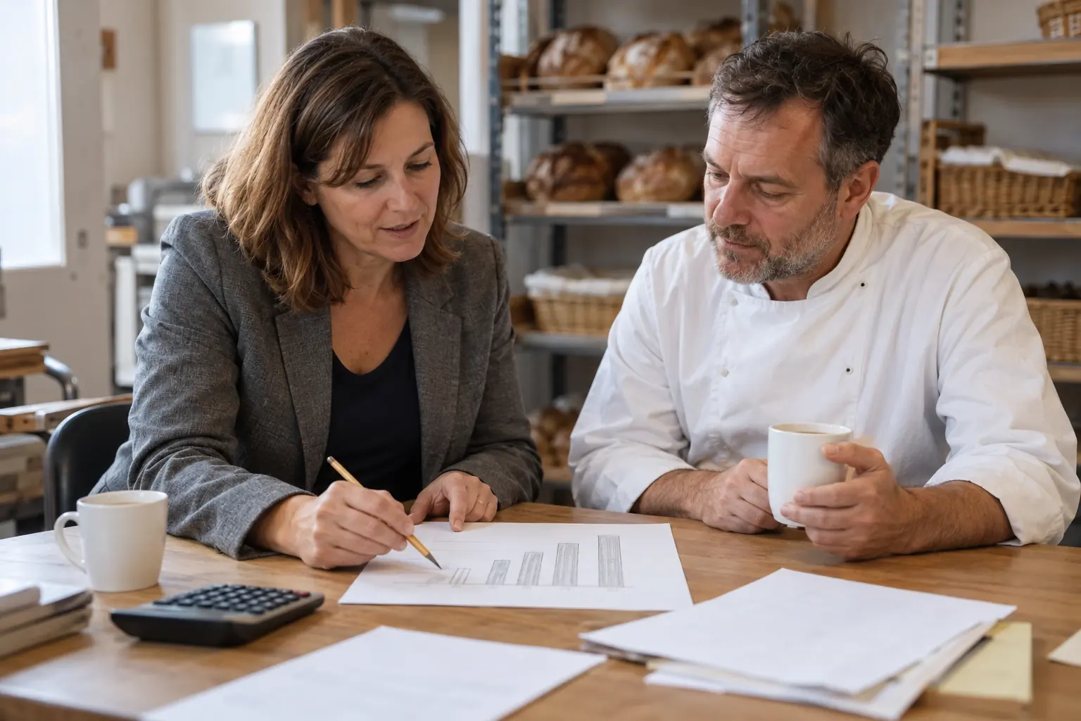Geschäftsführerin und Bäckermeister rechnen am Tisch im Lager die Kosten einer Recruiting-Kampagne durch