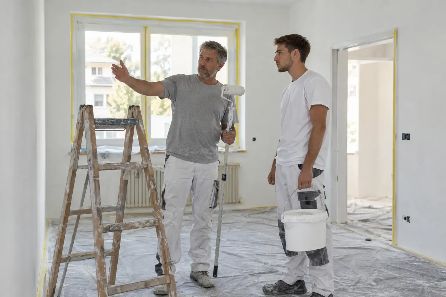 Malermeister erklärt einem neuen Gesellen in einer frisch grundierten Wohnung den Auftrag
