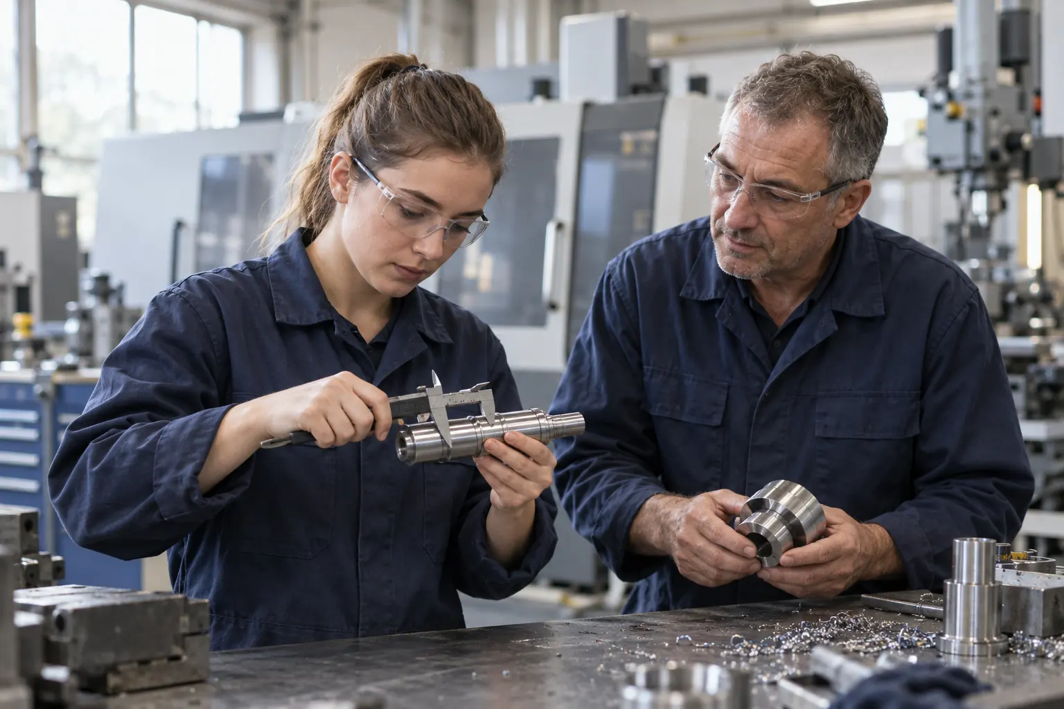 Zerspanungsmechanikerin misst eine gedrehte Welle mit dem Messschieber, ihr Kollege prüft ein Drehteil an der Werkbank